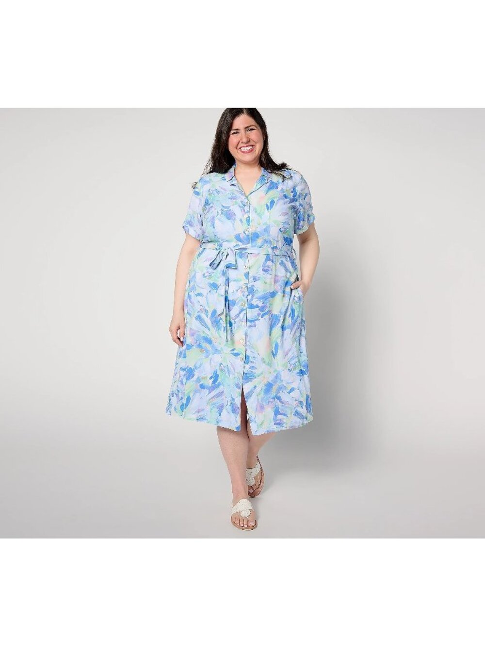 Side Stitch Midi Dress Large Short Sleeve Button Front Tie Waist Aqua Bloom Boho